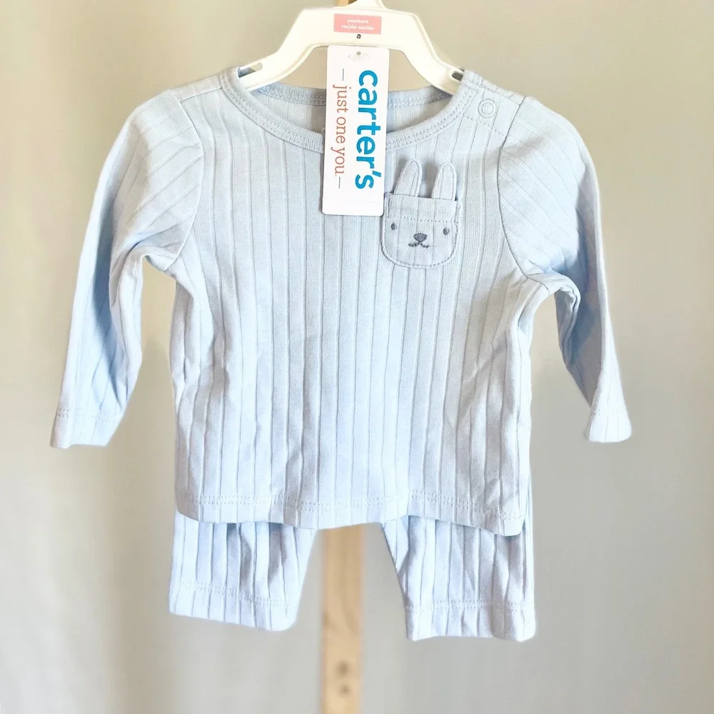 Carters‎ Just One You Newborn Light Blue Ribbed Bunny Pocket 2pc Set NWT
